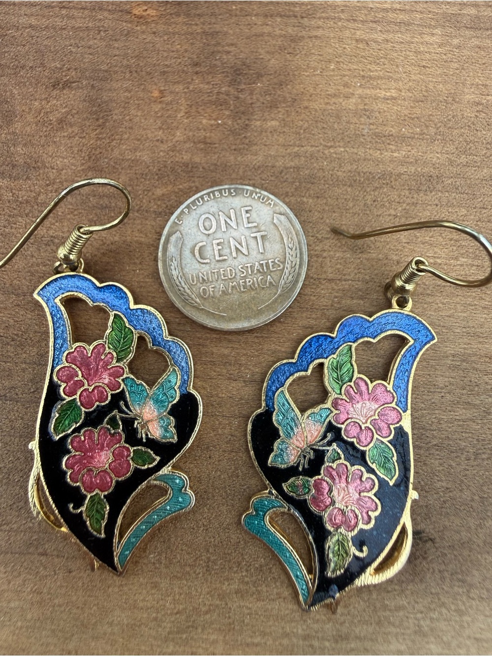 Vintage Pink Flower Cloisonné Drop Earrings with Blue Accents - Picture 4 of 4